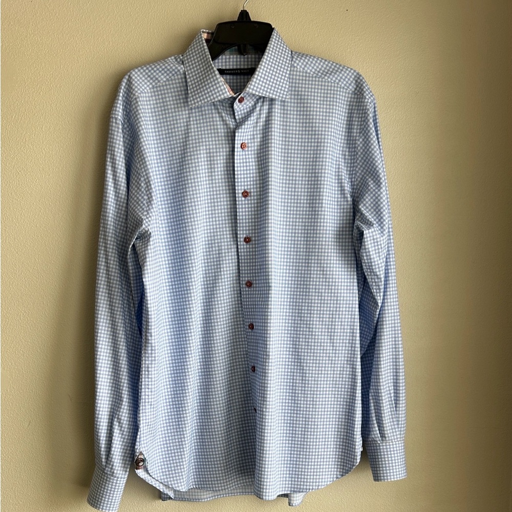 Hammer Made Light Blue Checkered Dress Shirt. Size L/XL 17 Neck 100% Cotton